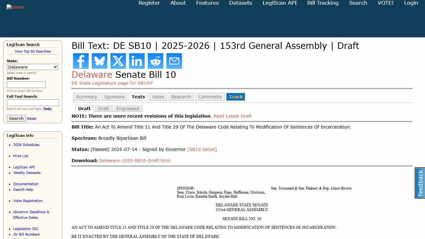 Bill Text: DE SB10 2025-2026 153rd General Assembly Draft LegiScan